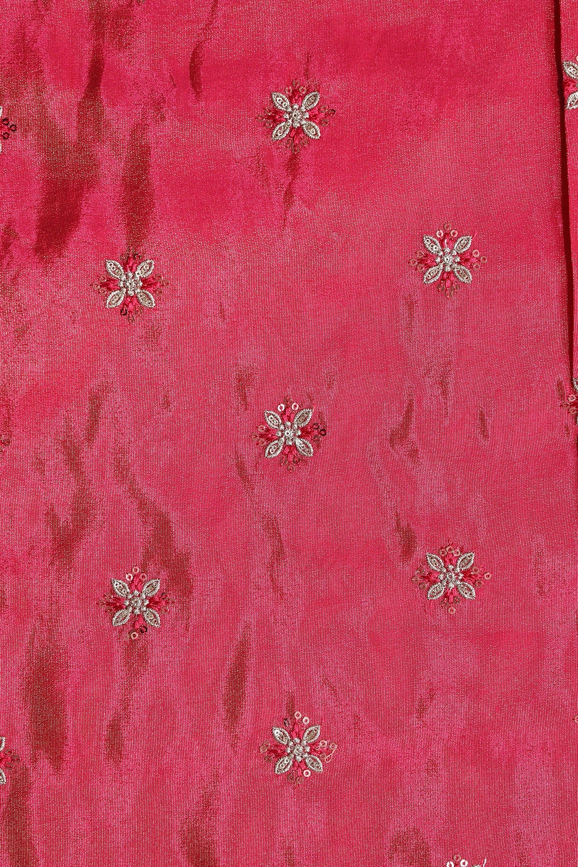 Gold Sequins And Zari Floral Booti Embroidery Work On Cerise Pink Pure Viscose Zari Tissue Fabric