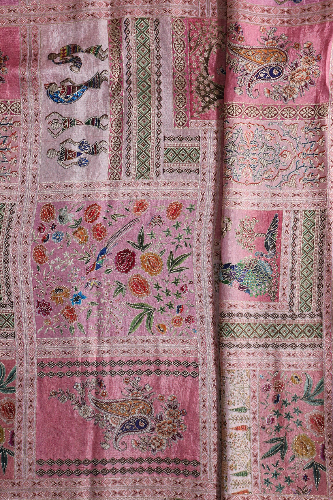 Positional Floral Print On Pastel Pink Viscose Dola Silk Jacquard Fabric