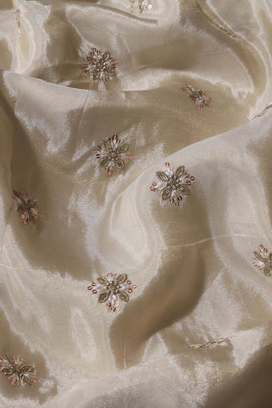 Gold Sequins And Zari Floral Booti Embroidery Work On Cream Pure Viscose Zari Tissue Fabric