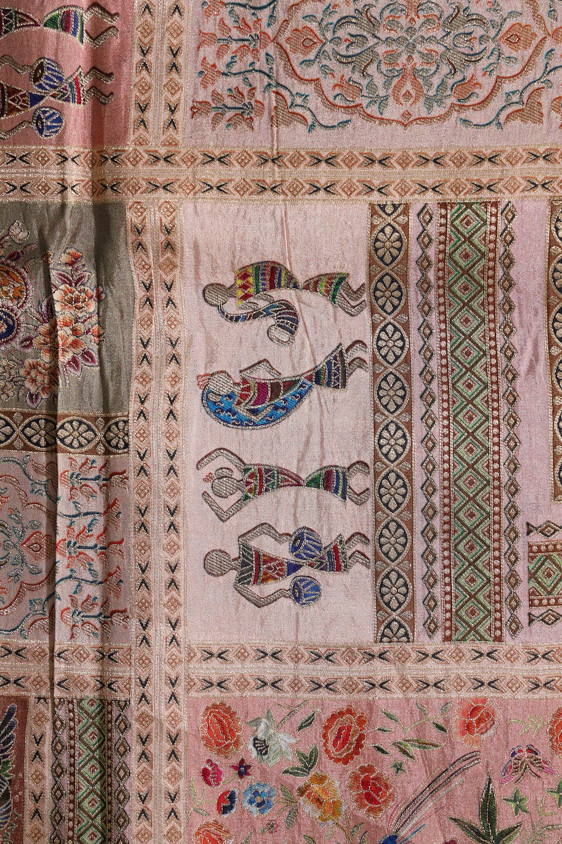 Positional Floral Print On Pastel Peach Viscose Dola Silk Jacquard Fabric