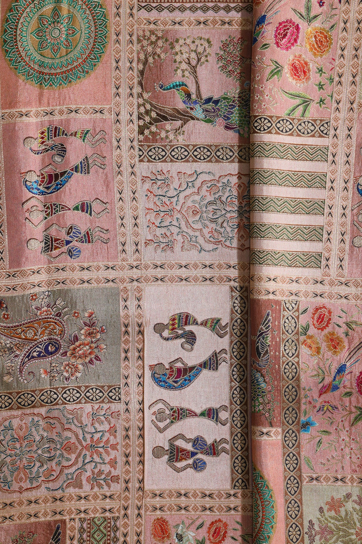 Positional Floral Print On Pastel Peach Viscose Dola Silk Jacquard Fabric
