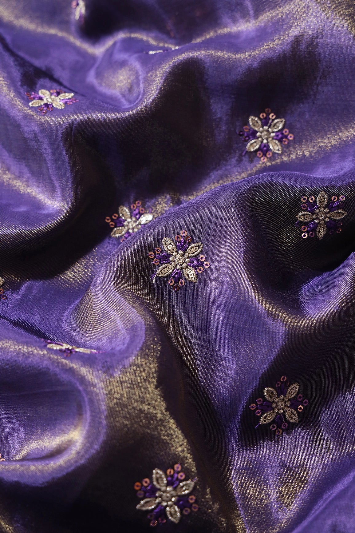 Gold Sequins And Zari Floral Booti Embroidery Work On Purple Pure Viscose Zari Tissue Fabric