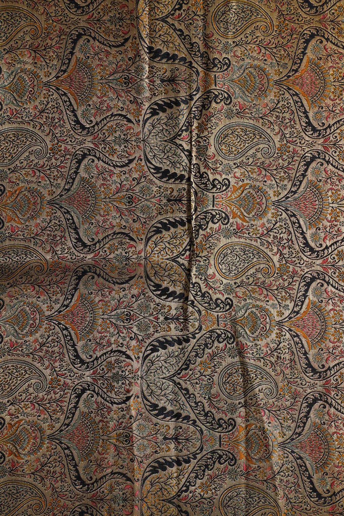 Positional Floral Print On Black Viscose Dola Silk Jacquard Fabric