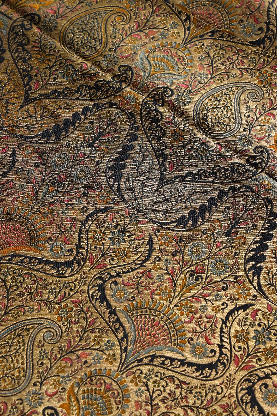 Positional Floral Print On Black Viscose Dola Silk Jacquard Fabric