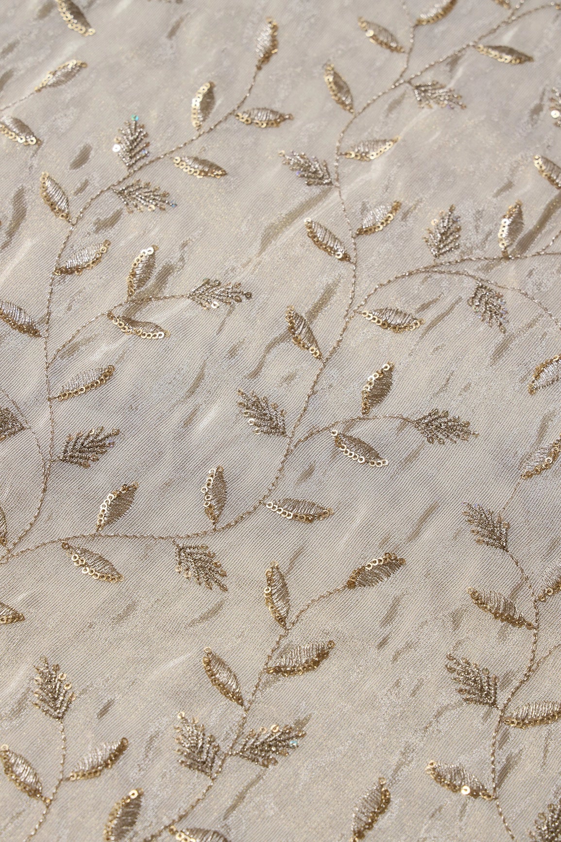 Gold Sequins And Zari Leafy Embroidery Work On Cream Pure Viscose Zari Tissue Fabric