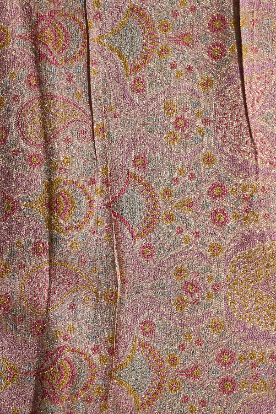 Positional Floral Print On Pastel Pink Viscose Dola Silk Jacquard Fabric