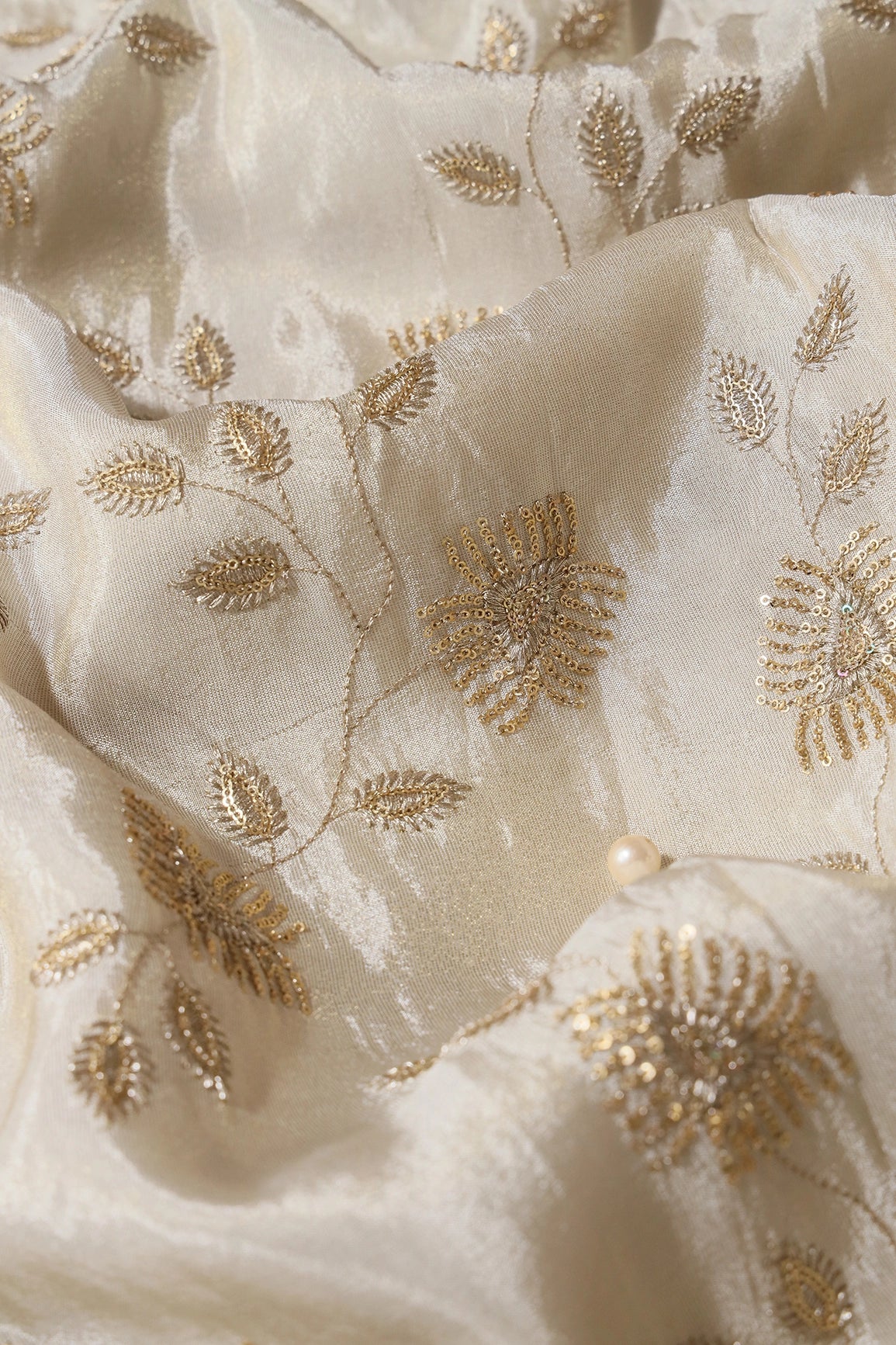 Gold Sequins And Zari Leafy Embroidery Work On Cream Pure Viscose Zari Tissue Fabric