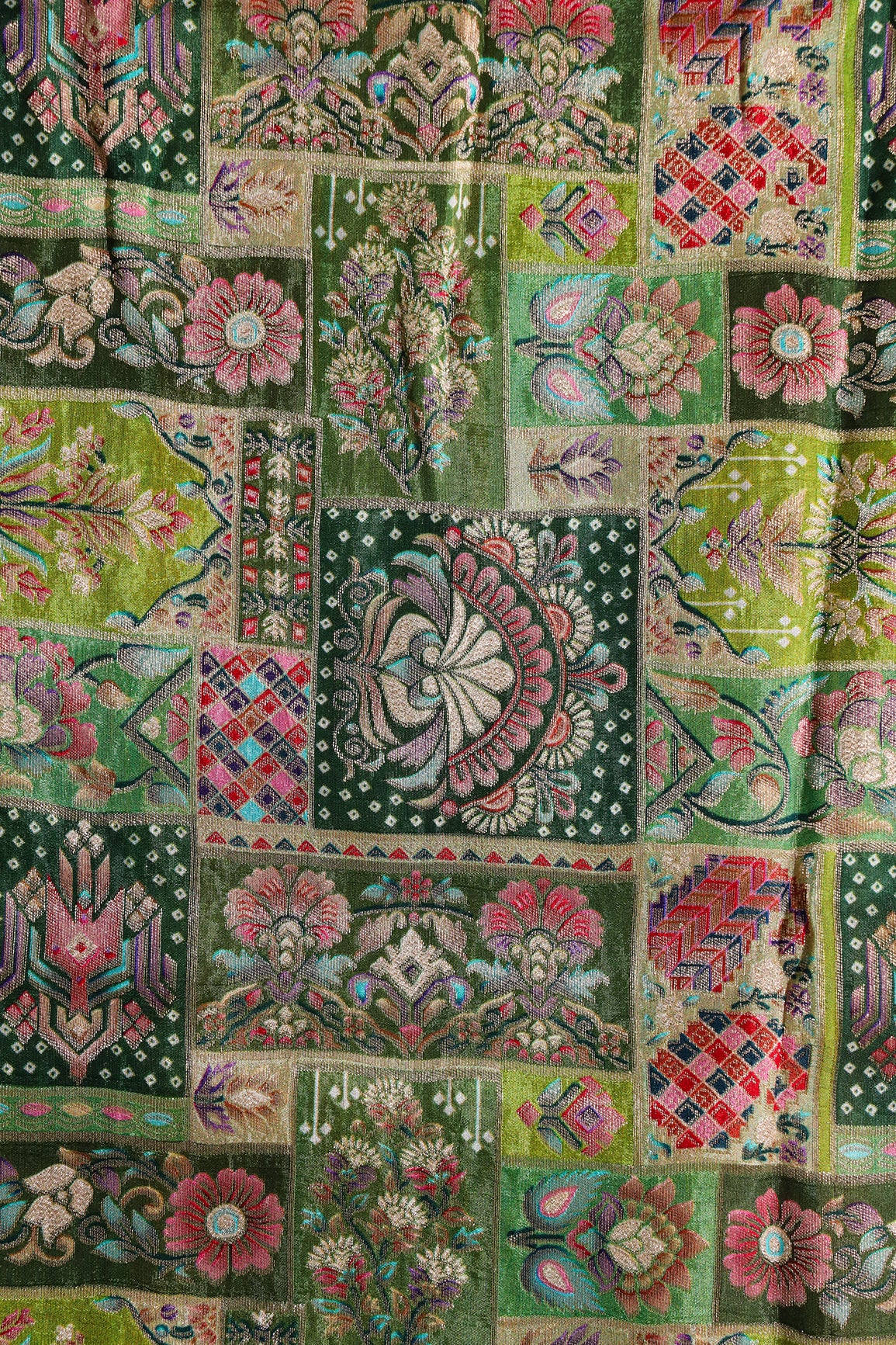 Positional Floral Print On Pastel Green Viscose Dola Silk Jacquard Fabric