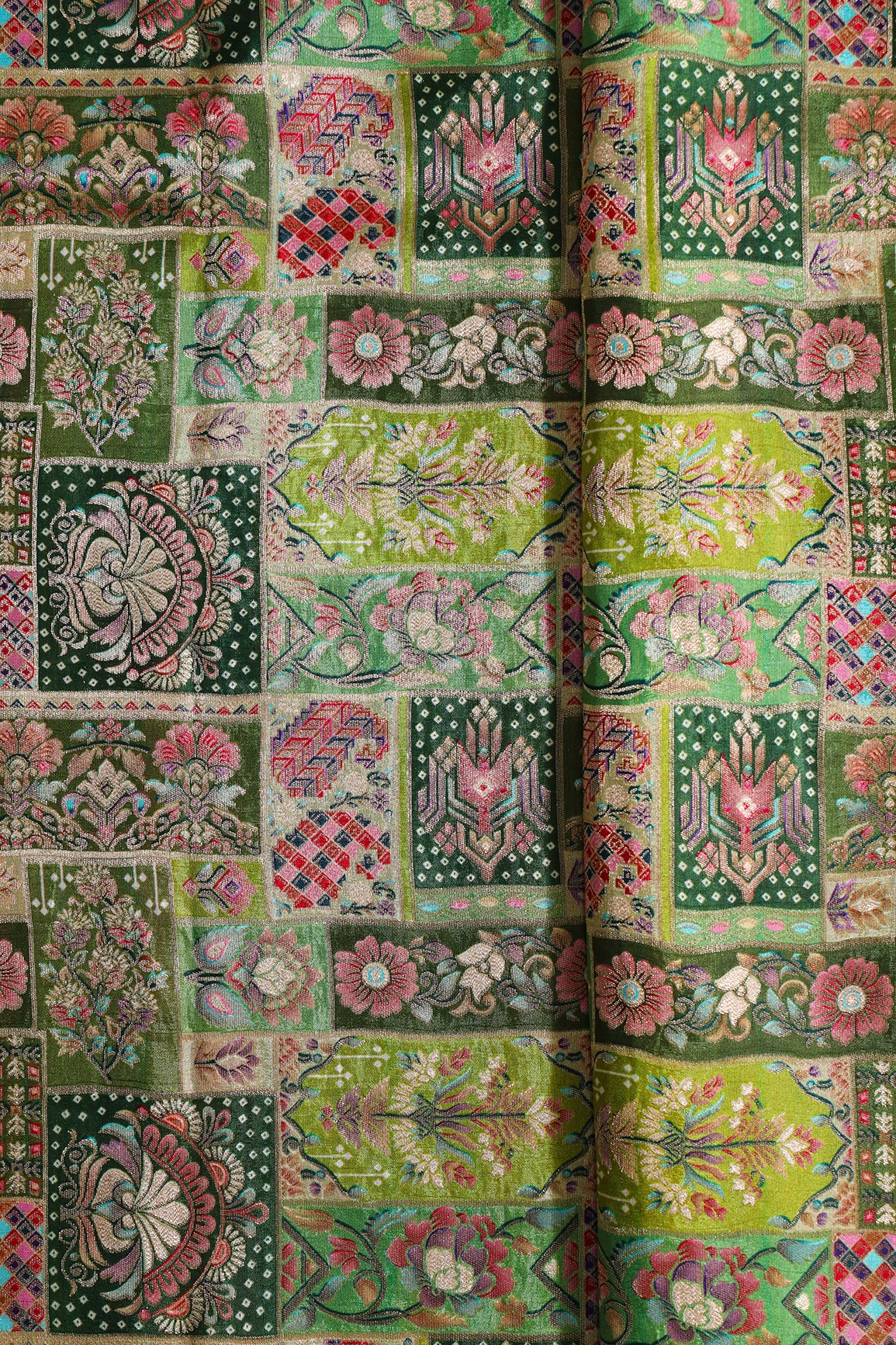 Positional Floral Print On Pastel Green Viscose Dola Silk Jacquard Fabric