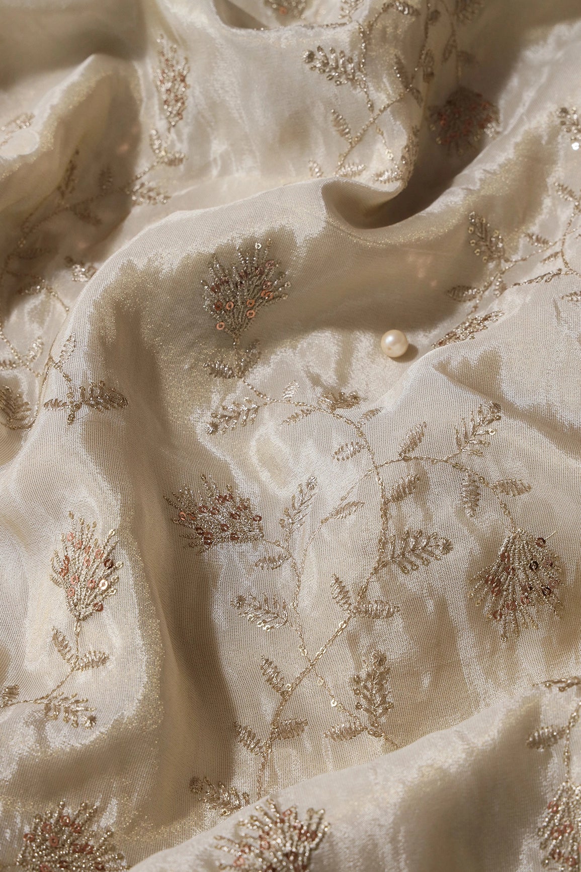 Gold Sequins And Zari Floral Embroidery Work On Cream Pure Viscose Zari Tissue Fabric
