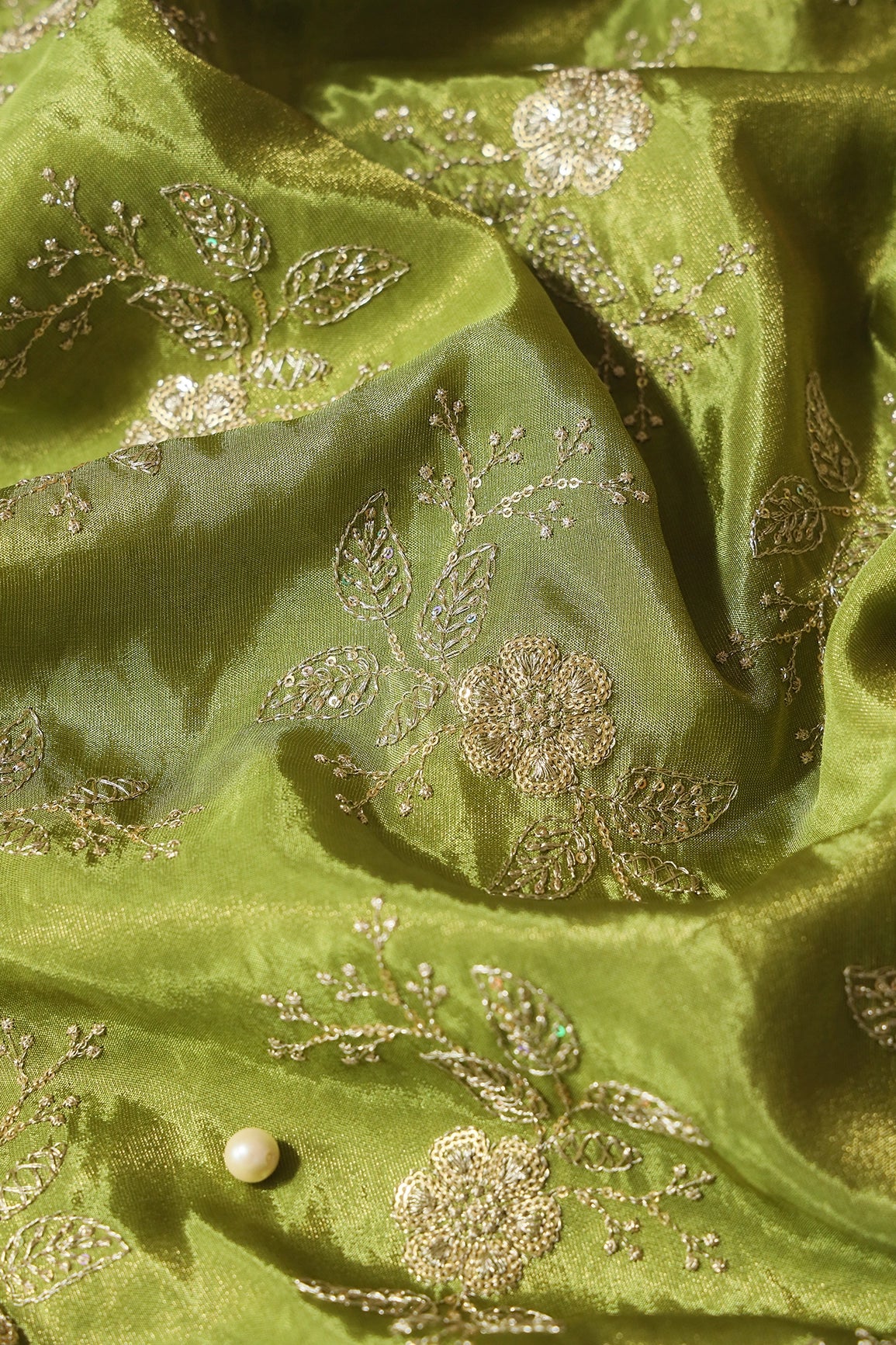 Gold Sequins And Zari Floral Embroidery Work On Olive Green Pure Viscose Zari Tissue Fabric