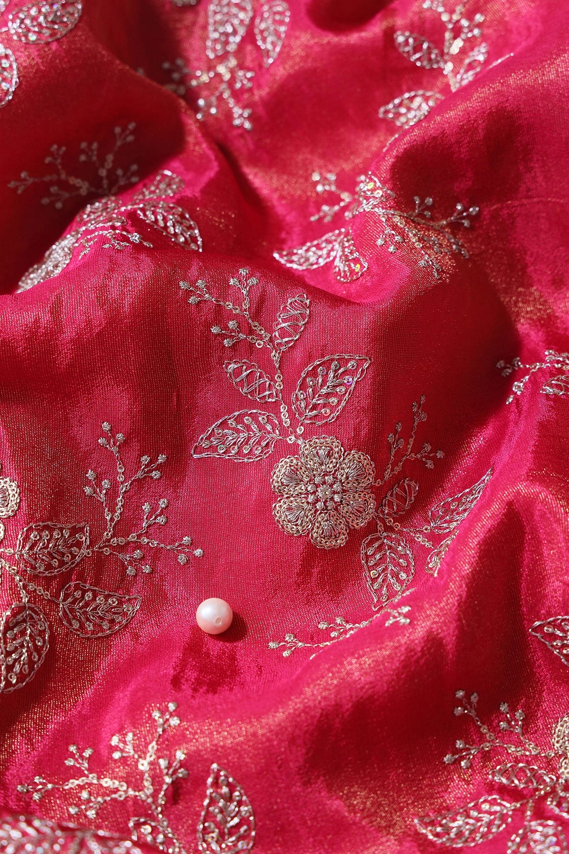 Gold Sequins And Zari Floral Embroidery Work On Cerise Pink Pure Viscose Zari Tissue Fabric