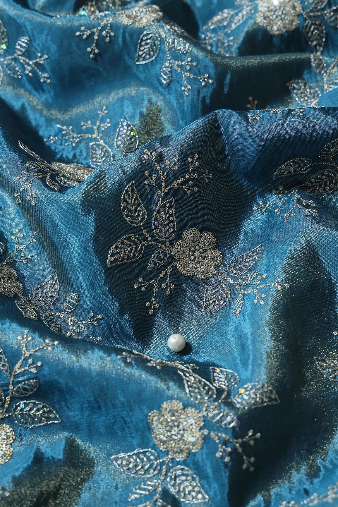Gold Sequins And Zari Floral Embroidery Work On Turkish Blue Pure Viscose Zari Tissue Fabric