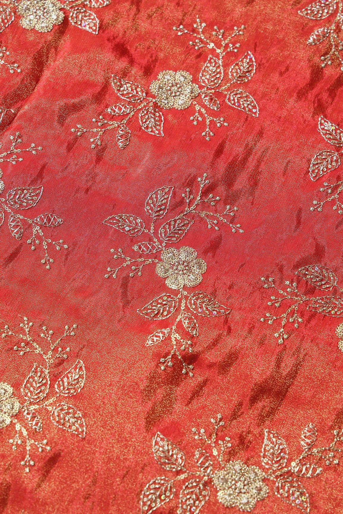 Gold Sequins And Zari Floral Embroidery Work On Red Pure Viscose Zari Tissue Fabric