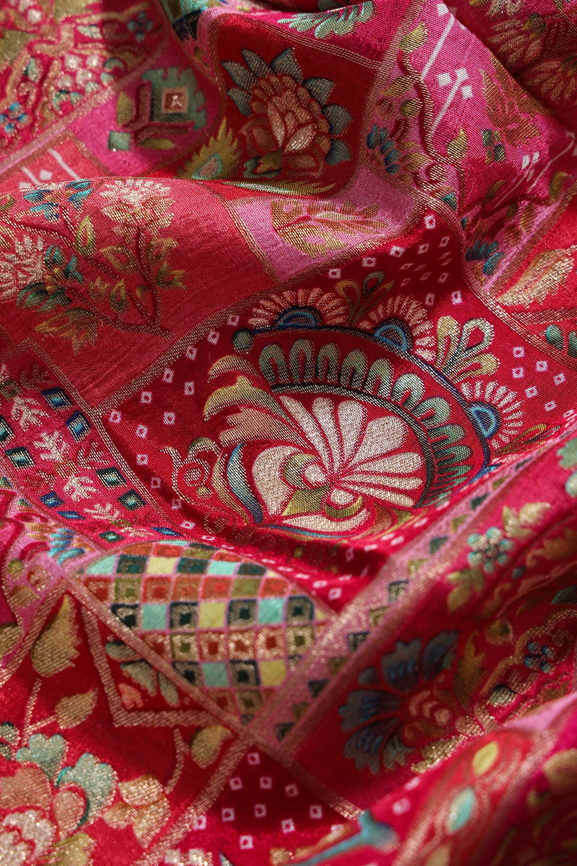 Positional Floral Print On Rani Viscose Dola Silk Jacquard Fabric