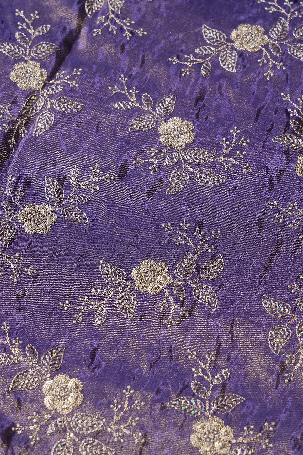 Gold Sequins And Zari Floral Embroidery Work On Purple Pure Viscose Zari Tissue Fabric