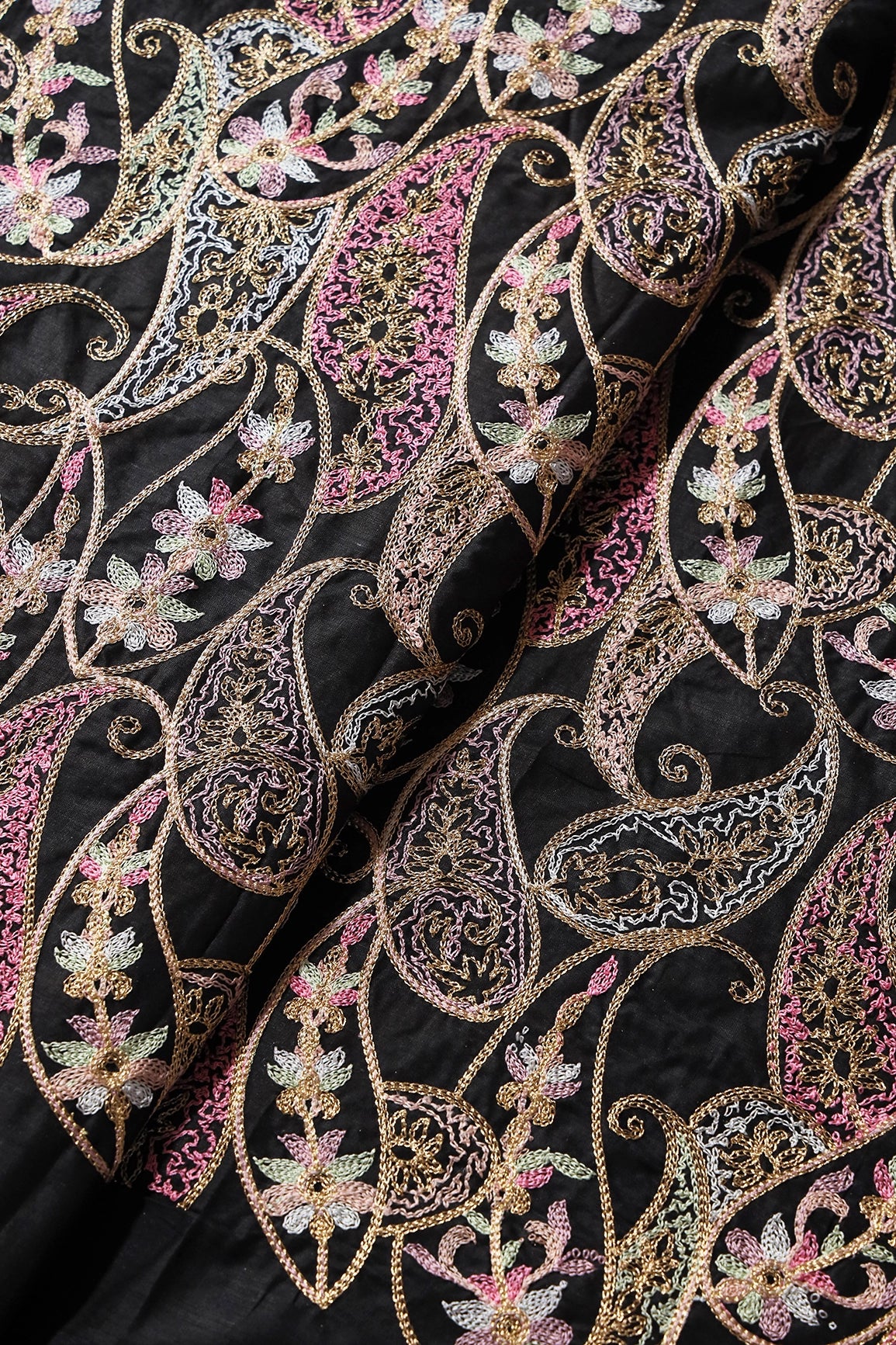 Multi Thread Heavy Paisley Kashmiri Embroidery Work On Black Cotton Fabric