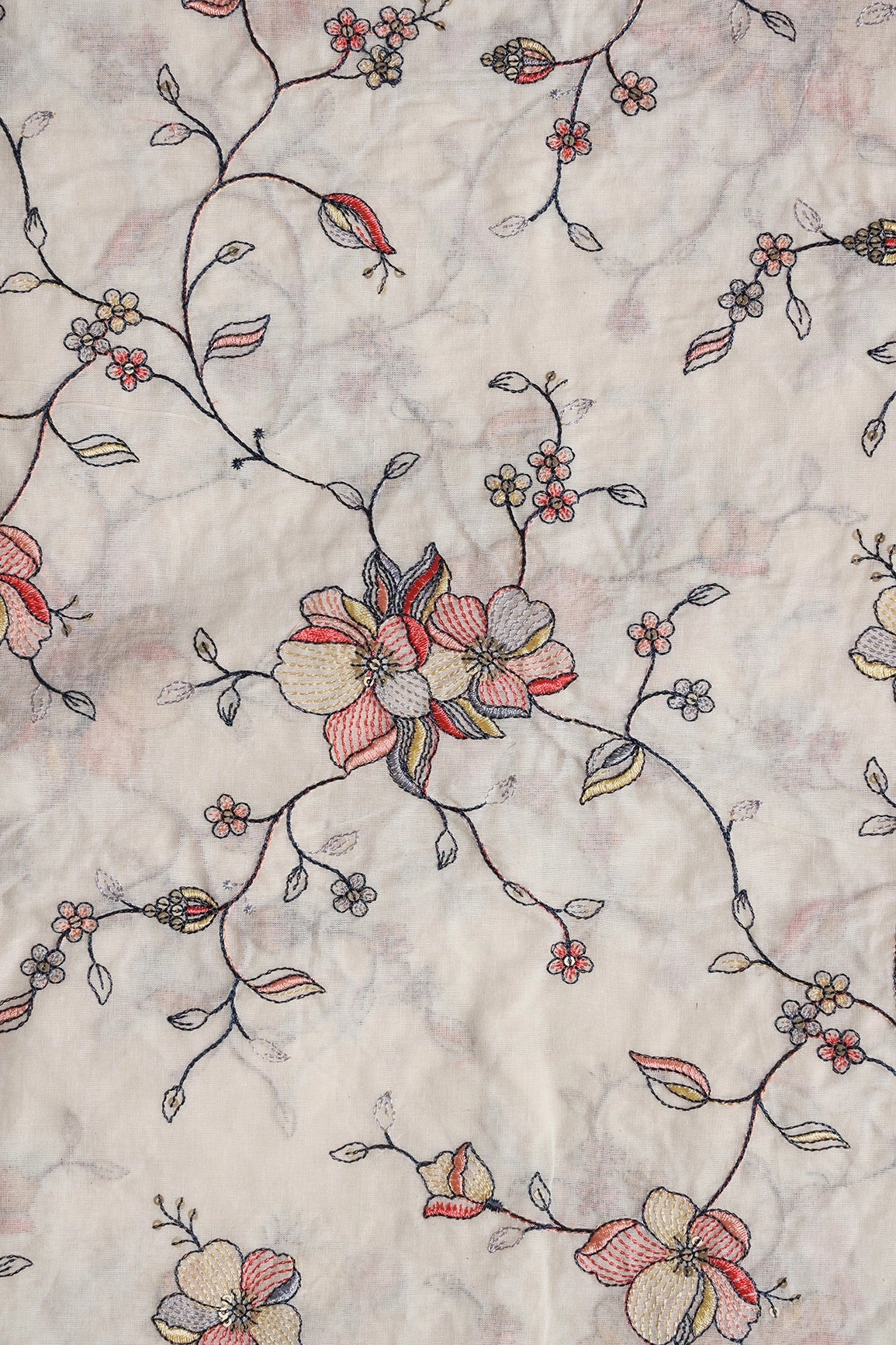 Grey And Red Thread Beautiful Floral Embroidery Work On Off White Organic Cotton Fabric