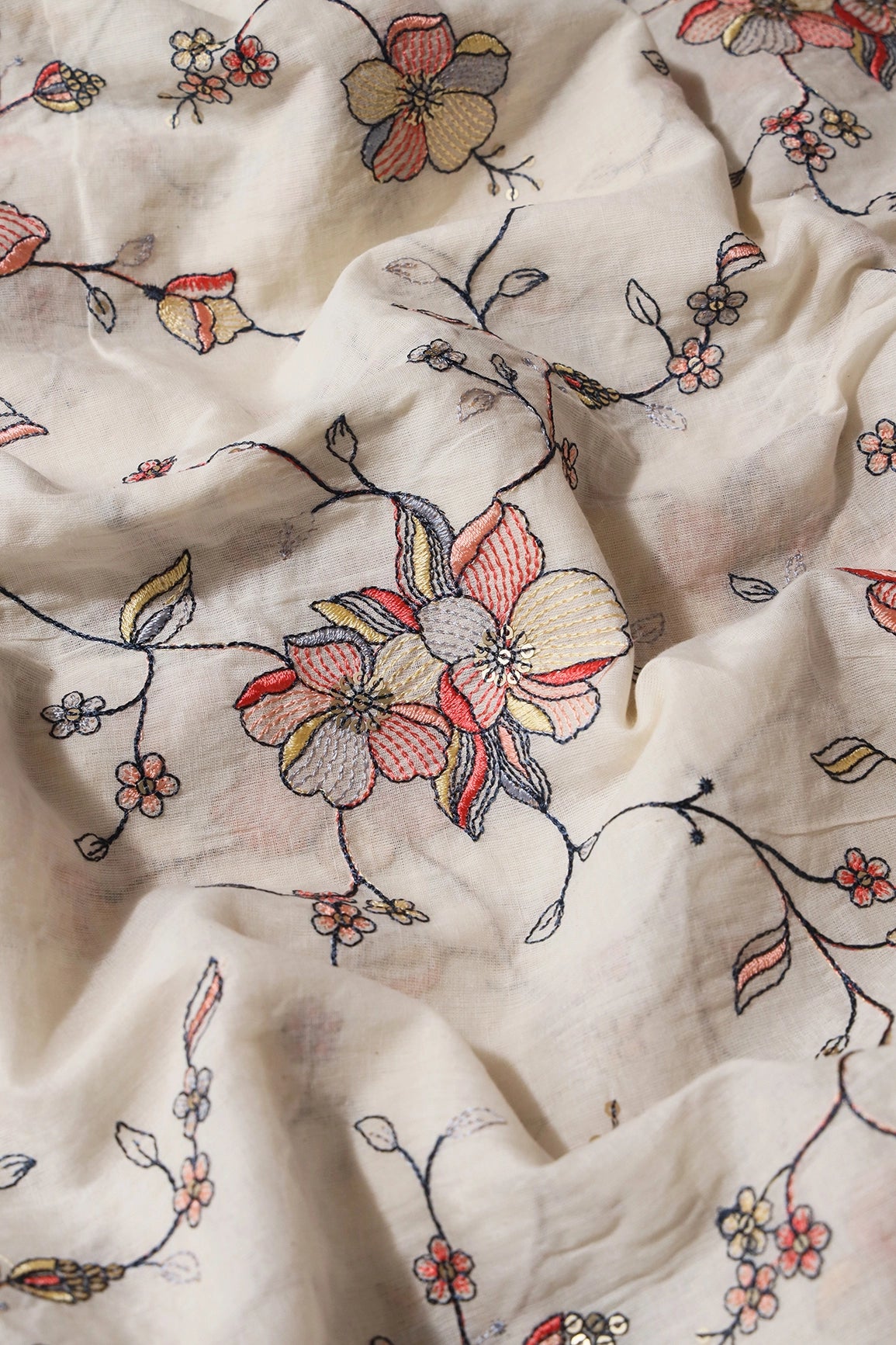 Grey And Red Thread Beautiful Floral Embroidery Work On Off White Organic Cotton Fabric