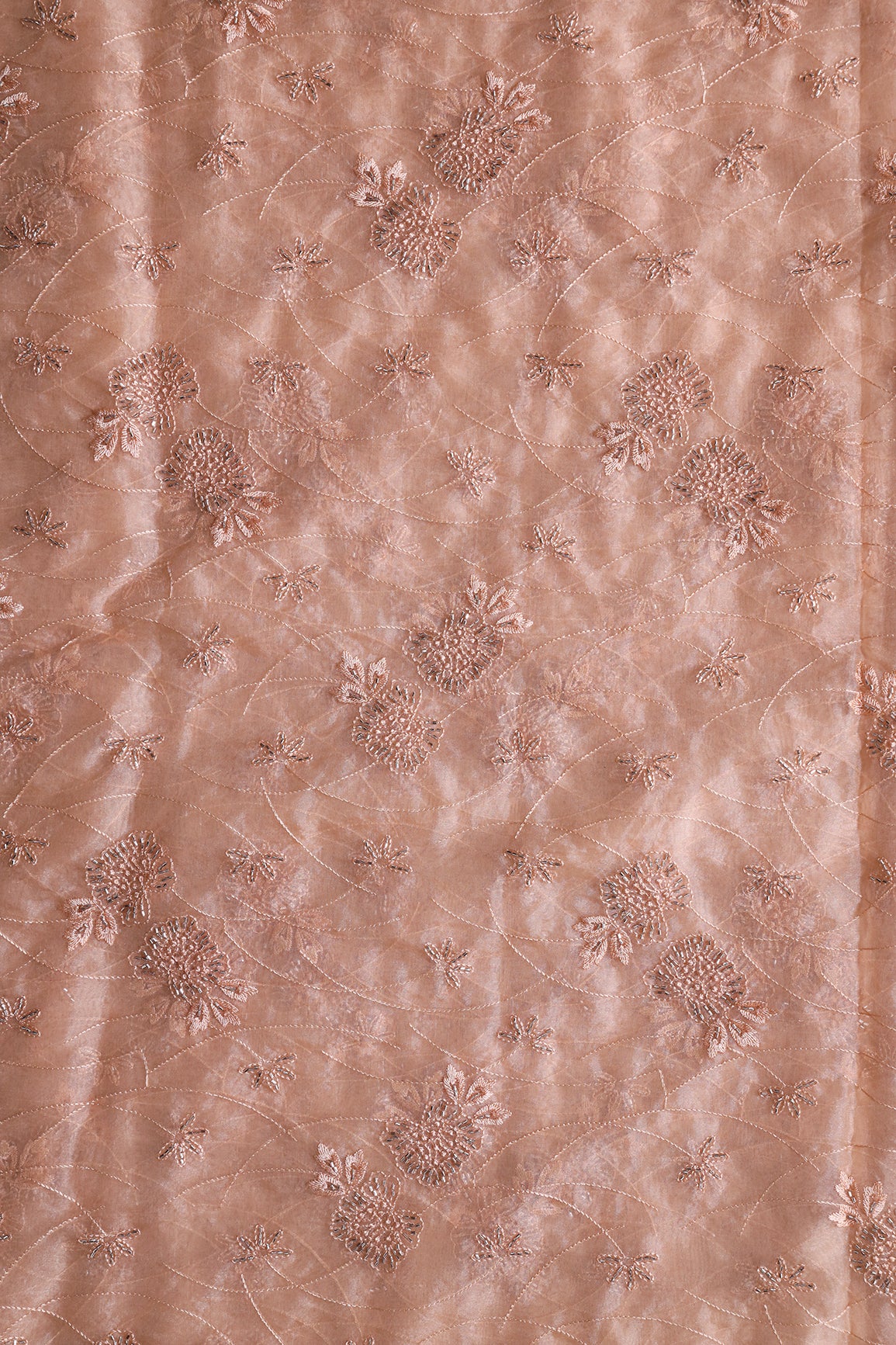 Peach Thread With Beads Floral Embroidery On Peach Organza Fabric