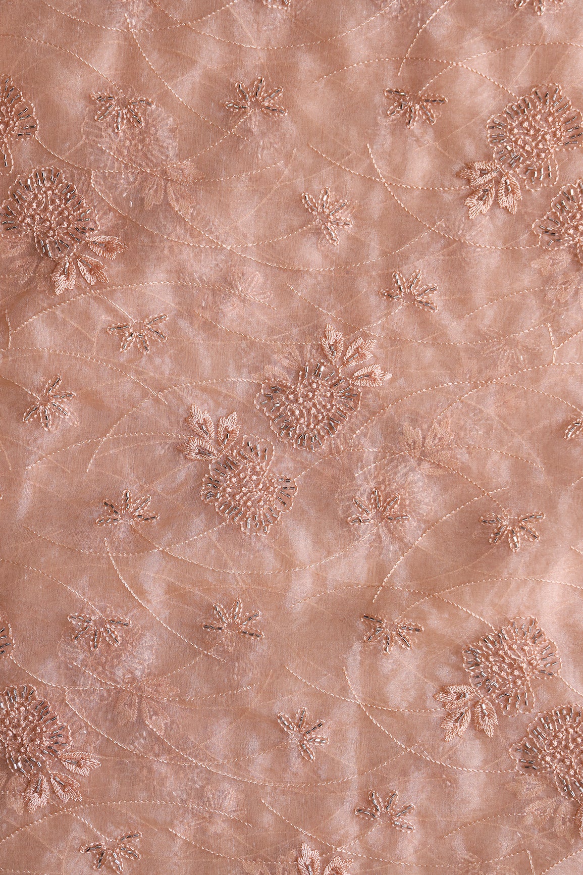 Peach Thread With Beads Floral Embroidery On Peach Organza Fabric
