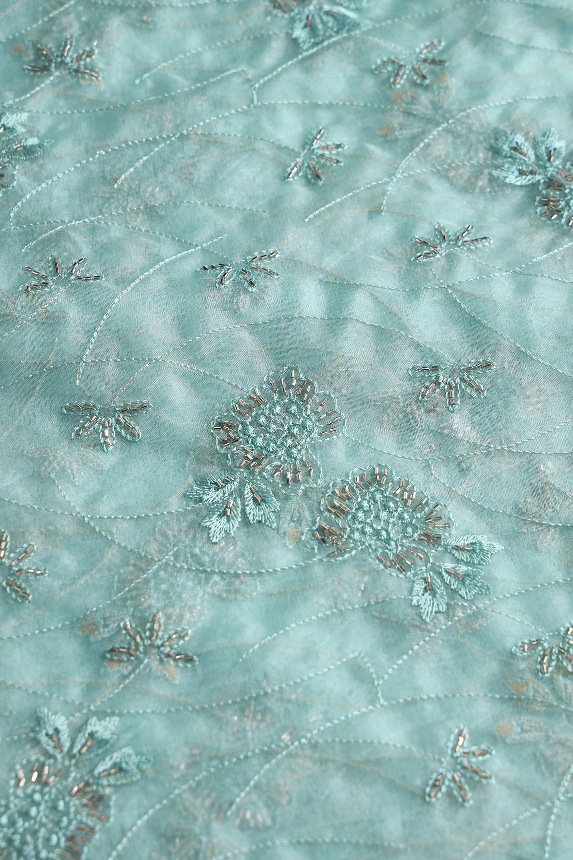 Sea Green Thread With Beads Floral Embroidery On Sea Green Organza Fabric