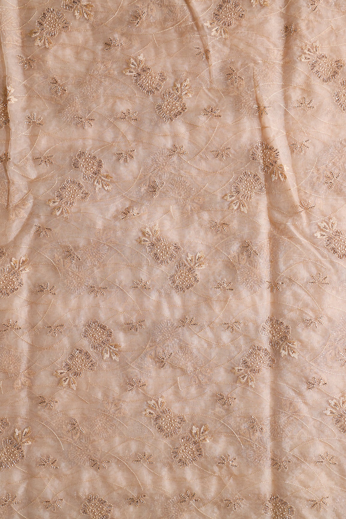 Beige Thread With Beads Floral Embroidery On Beige Organza Fabric