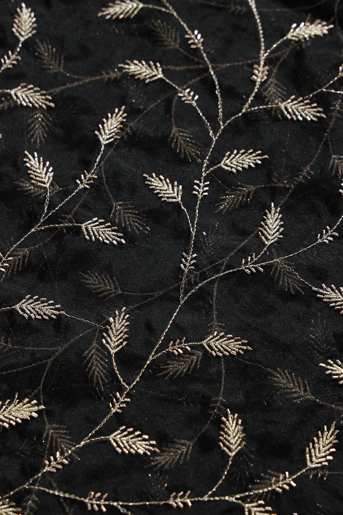 Gold Zari With Beads Leafy Embroidery Work On Black Organza Fabric