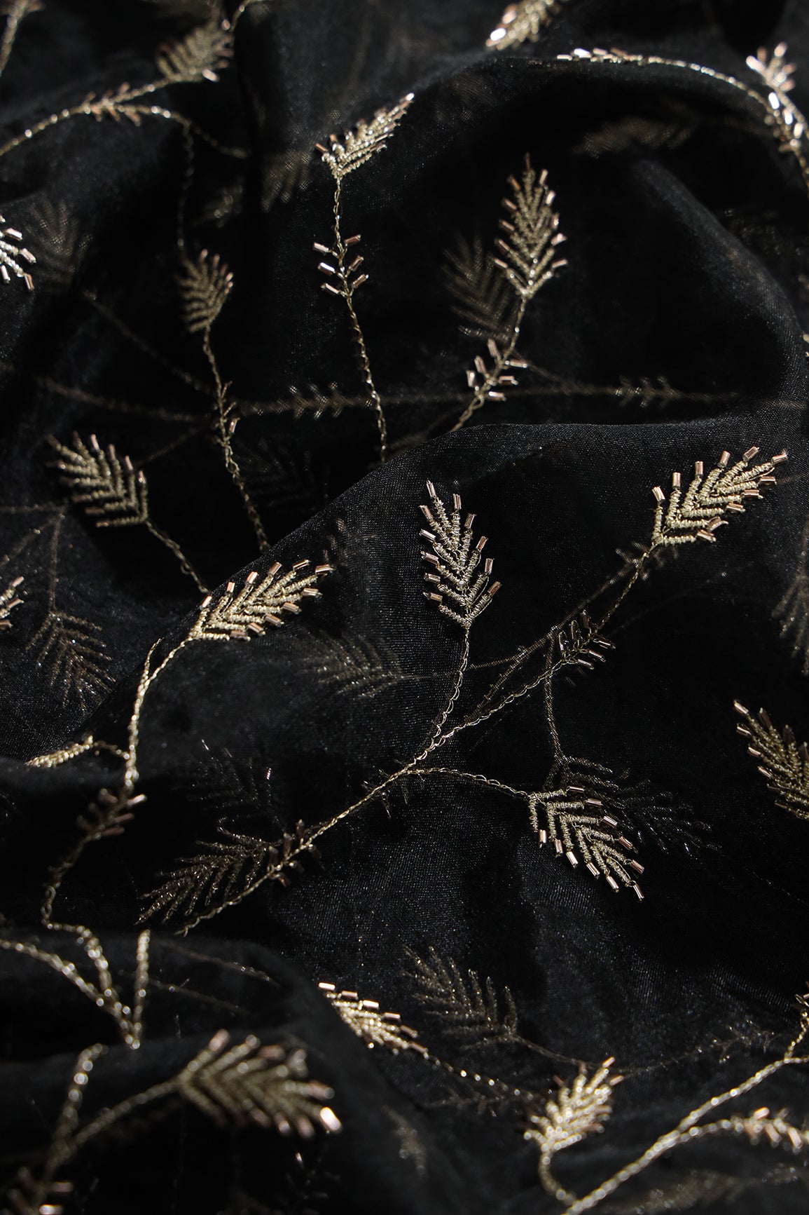 Gold Zari With Beads Leafy Embroidery Work On Black Organza Fabric