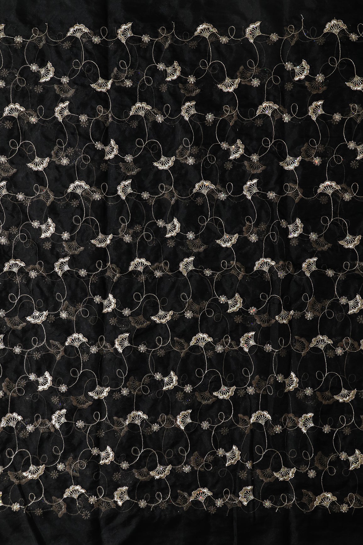 Gold Zari With Beads Beautiful Floral Embroidery On Black Organza Fabric