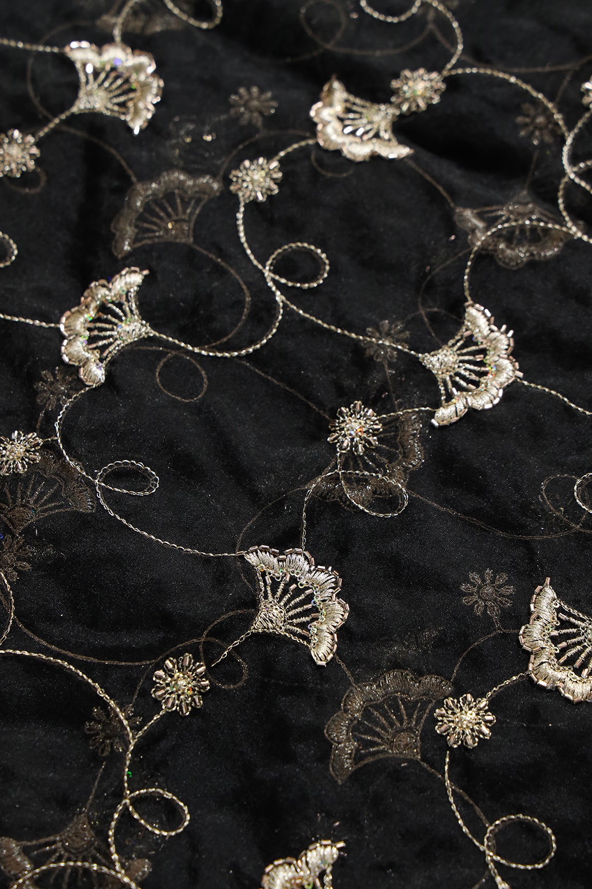 Gold Zari With Beads Beautiful Floral Embroidery On Black Organza Fabric