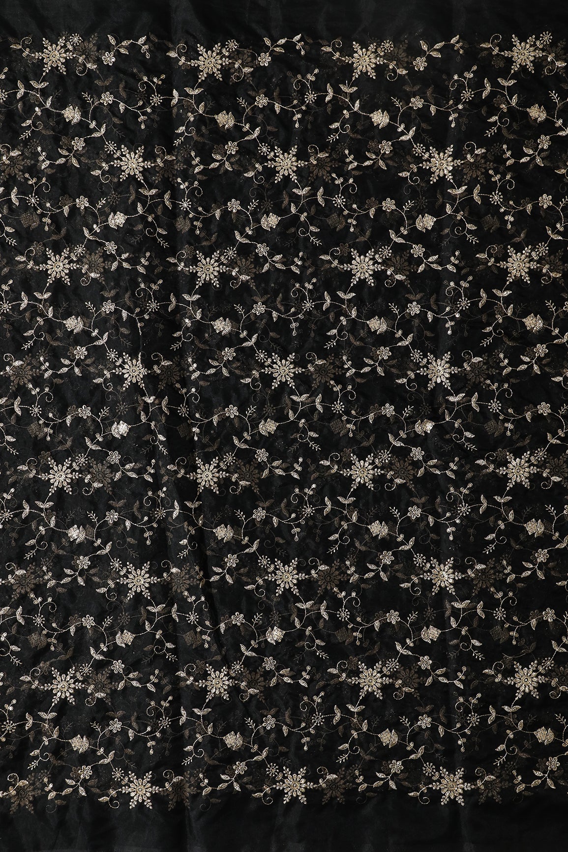 Zari Thread With Beads Floral Embroidery On Black Organza Fabric