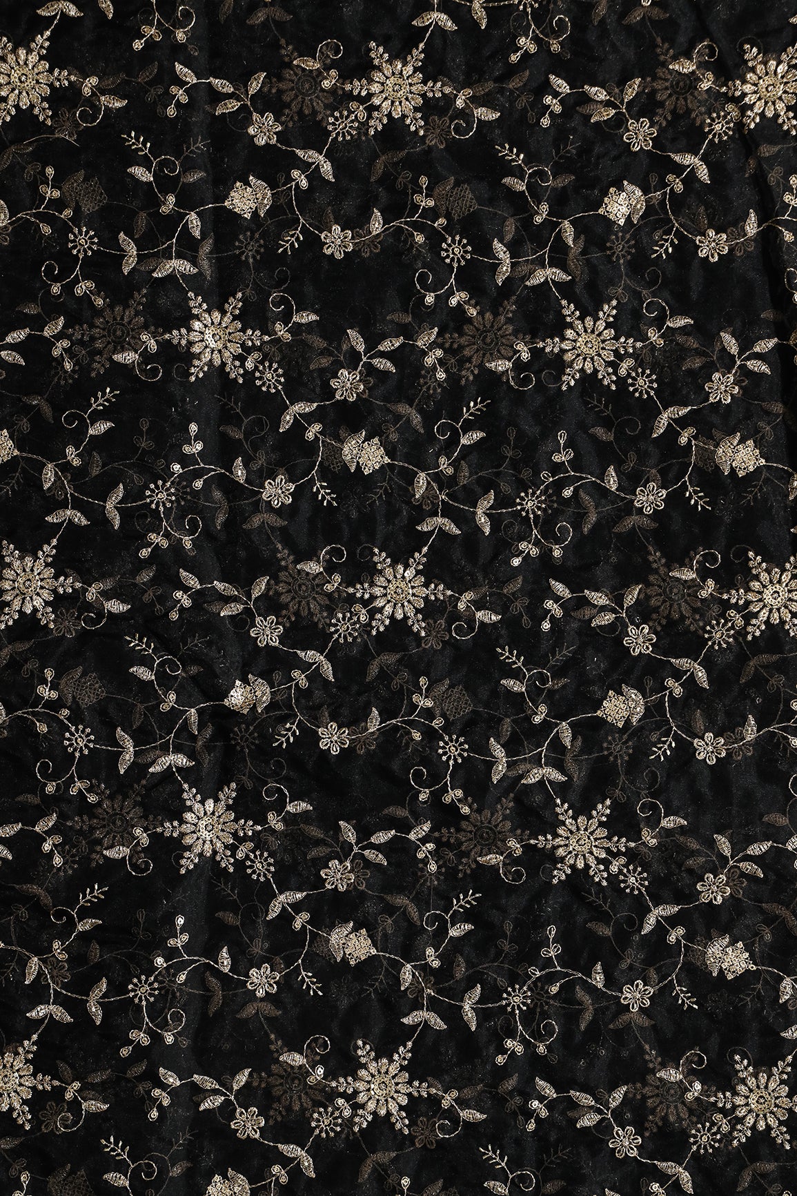 Zari Thread With Beads Floral Embroidery On Black Organza Fabric