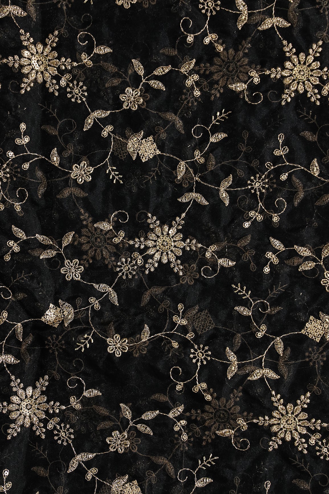 Zari Thread With Beads Floral Embroidery On Black Organza Fabric