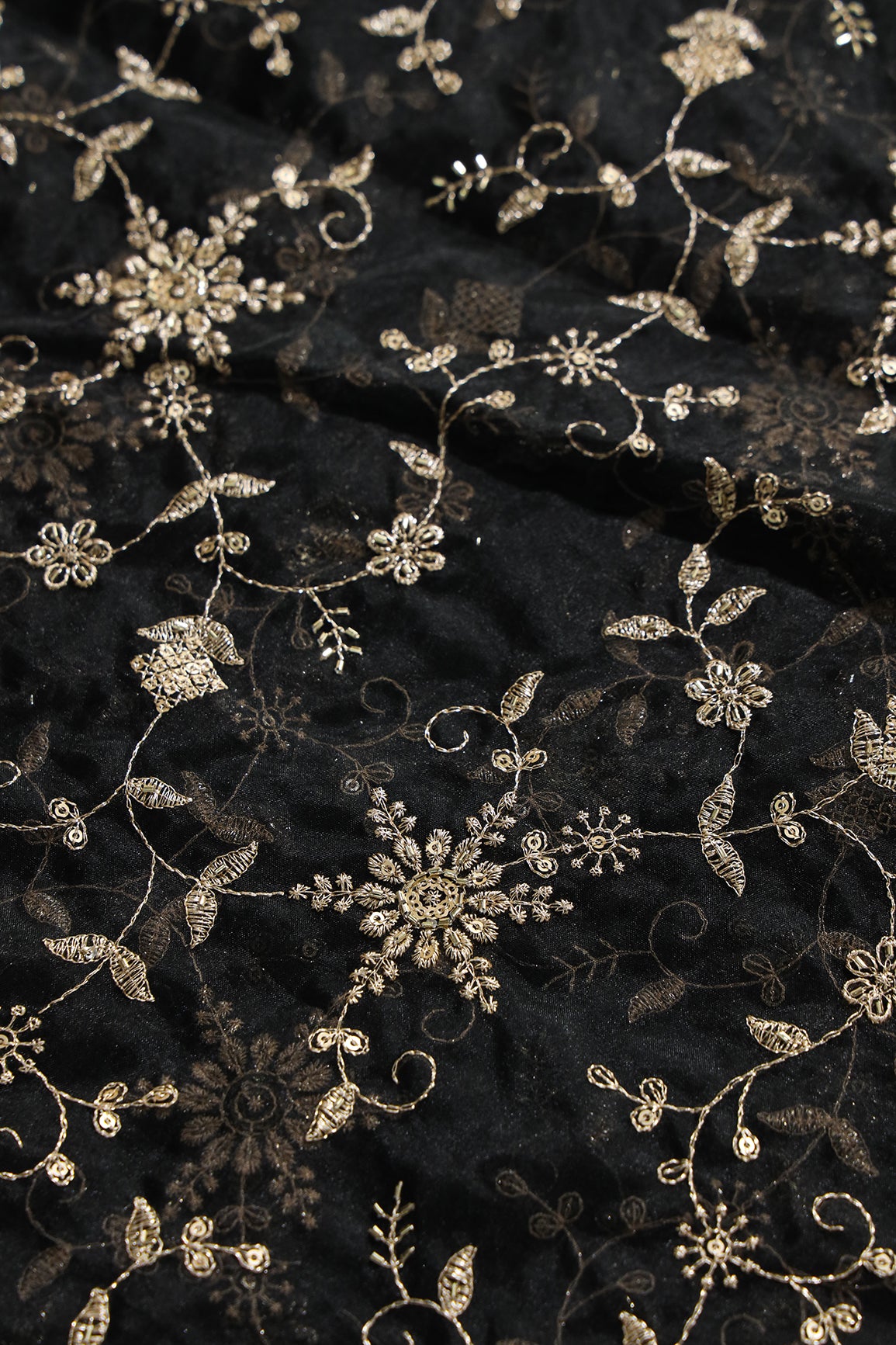 Zari Thread With Beads Floral Embroidery On Black Organza Fabric