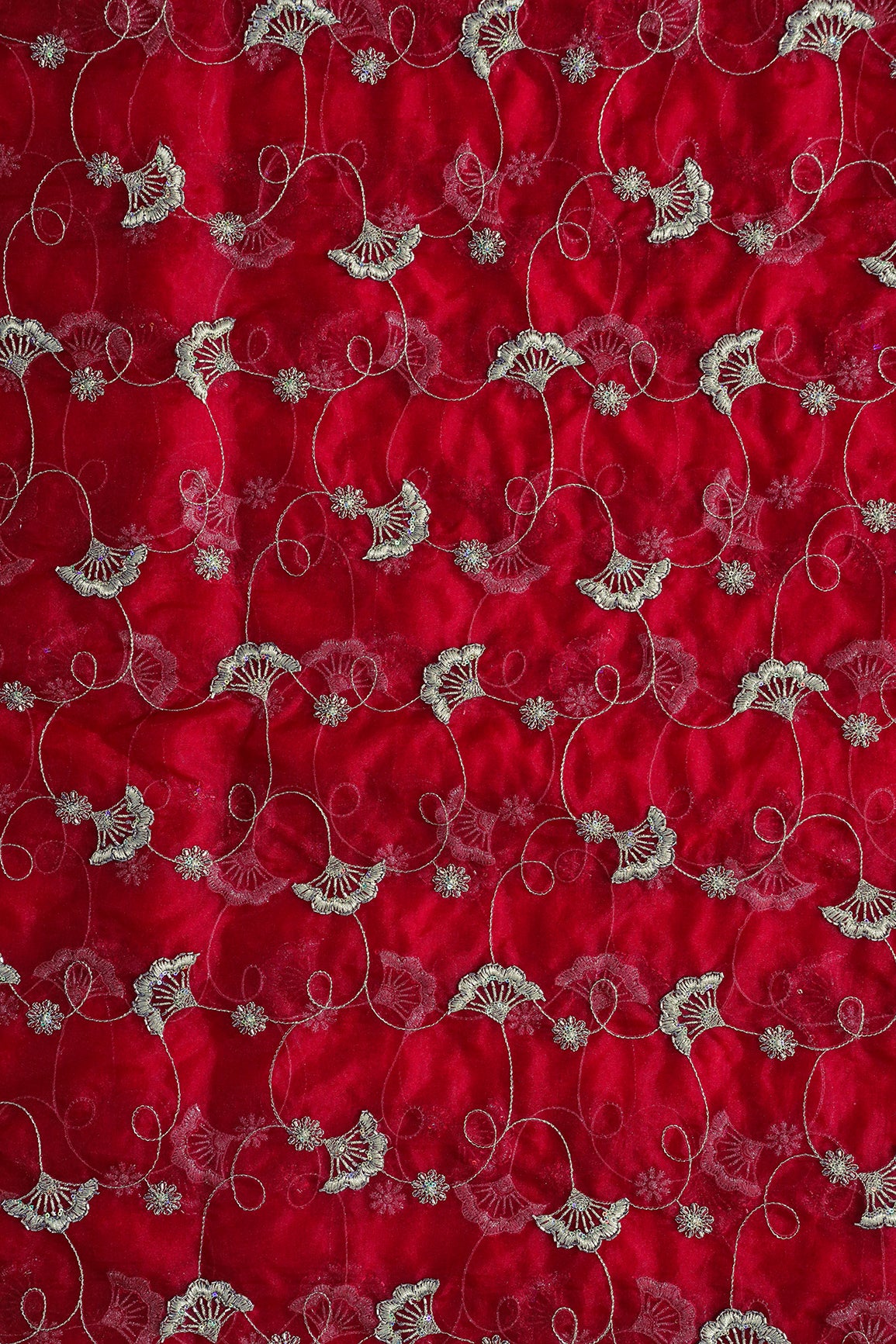 Gold Zari With Beads Beautiful Floral Embroidery On Red Organza Fabric
