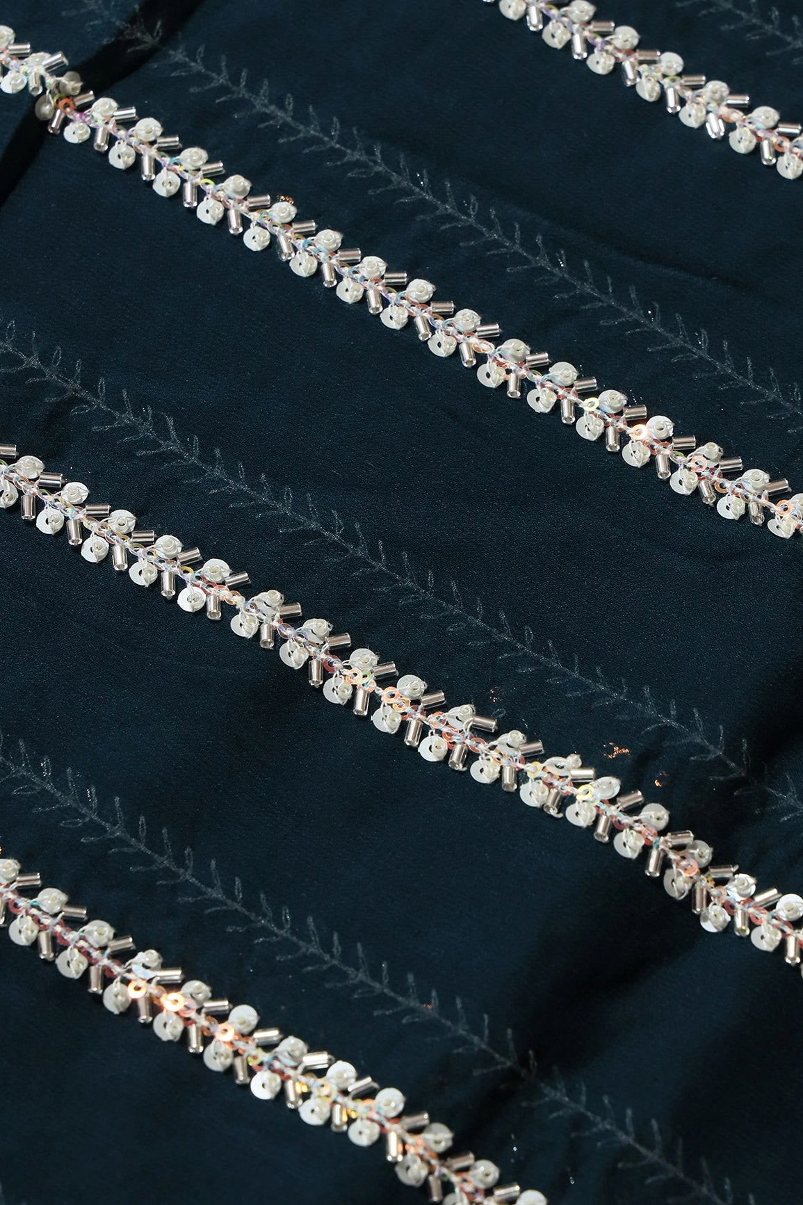 Silver Beads With Sequins Beautiful Stripes Handwork Embroidery On Prussian Blue Viscose Georgette Fabric