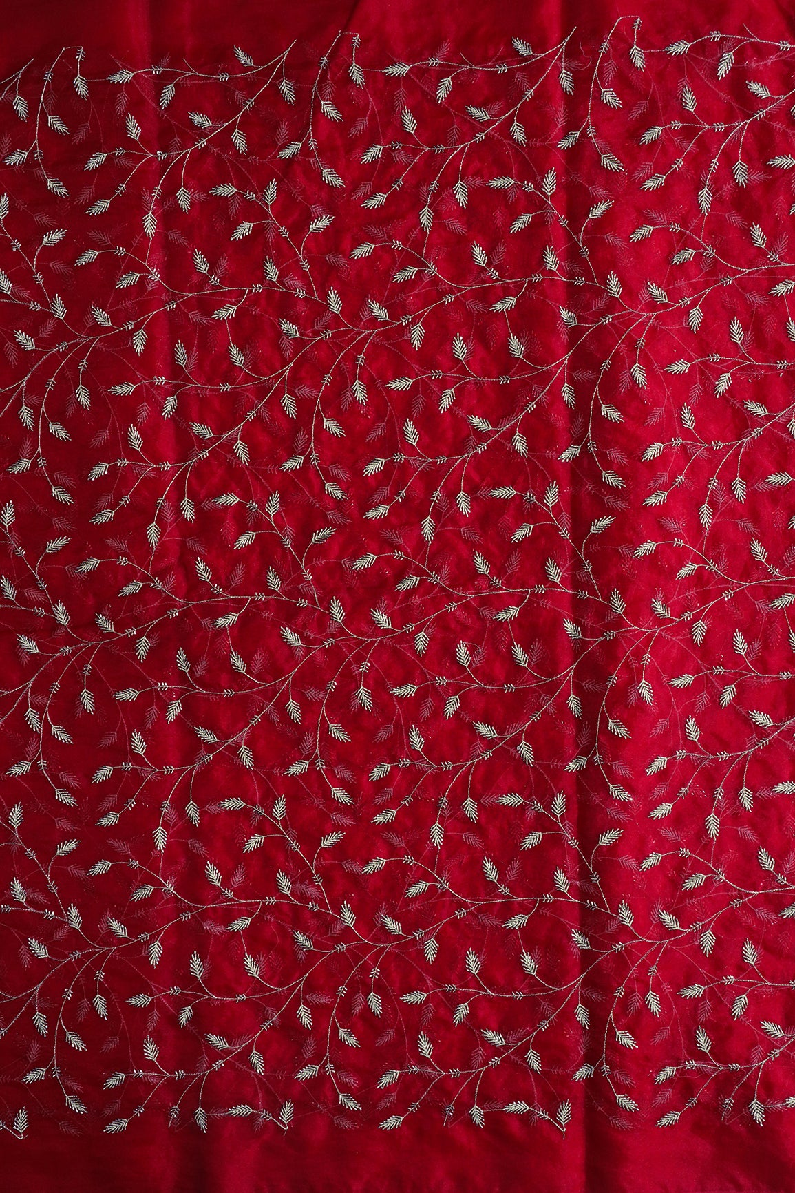 Gold Zari With Beads Leafy Embroidery Work On Red Organza Fabric