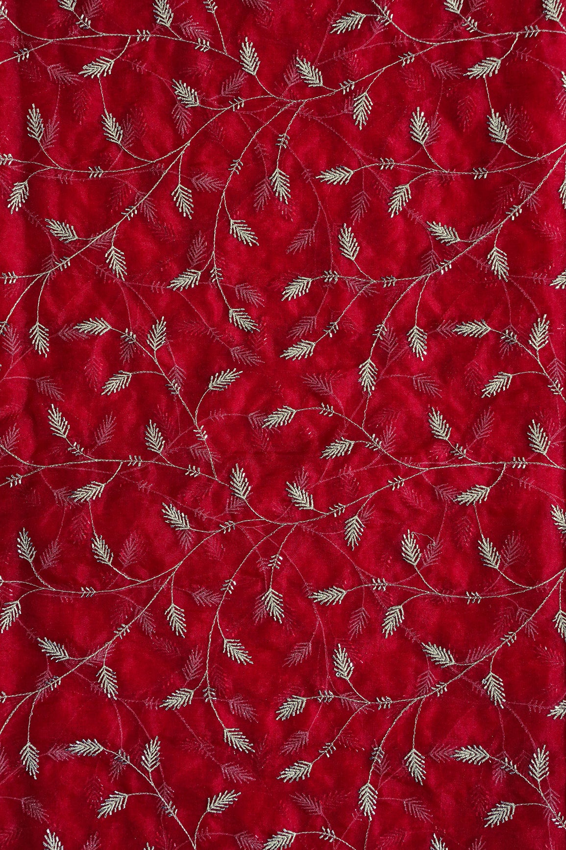 Gold Zari With Beads Leafy Embroidery Work On Red Organza Fabric