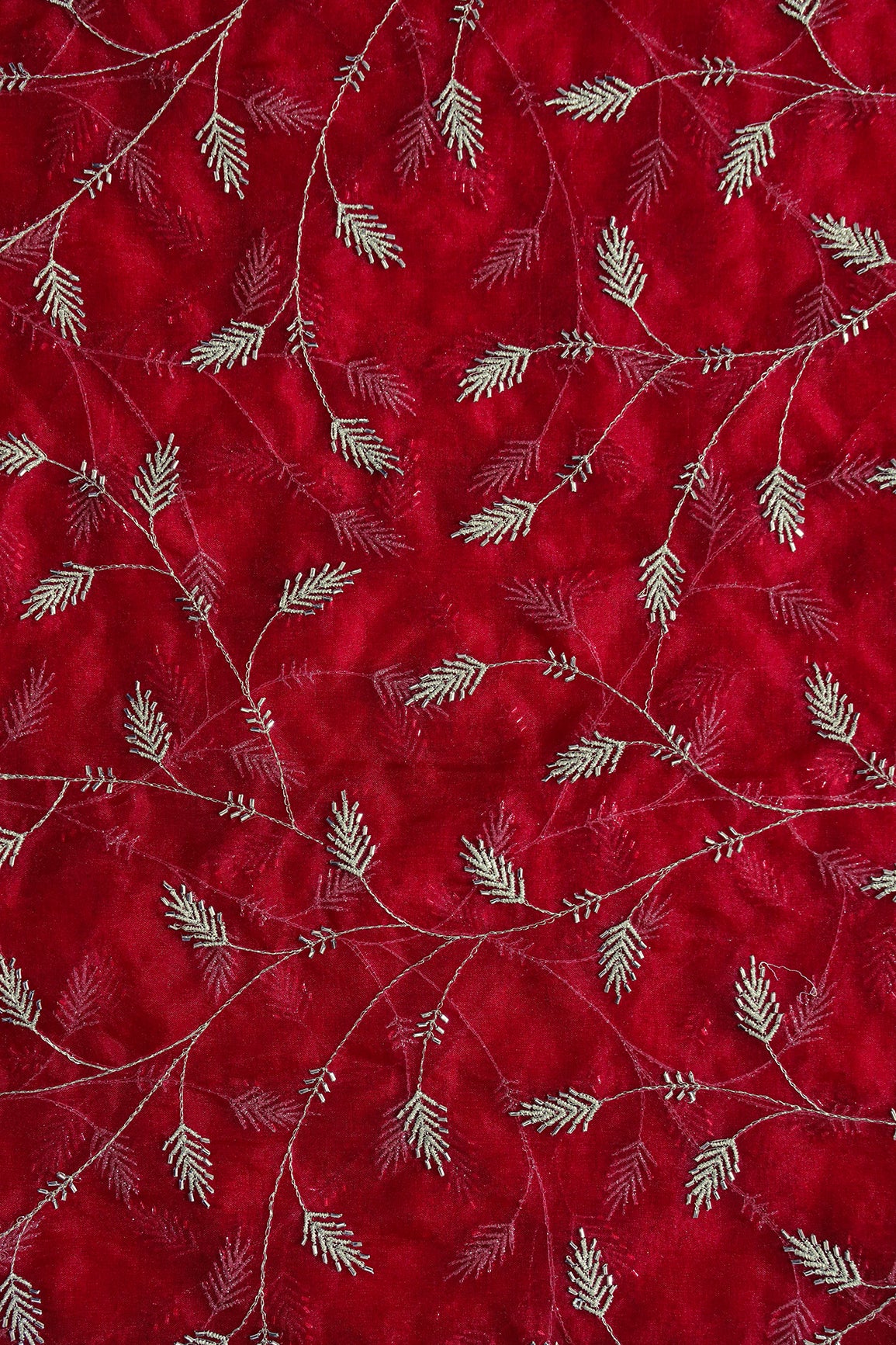 Gold Zari With Beads Leafy Embroidery Work On Red Organza Fabric