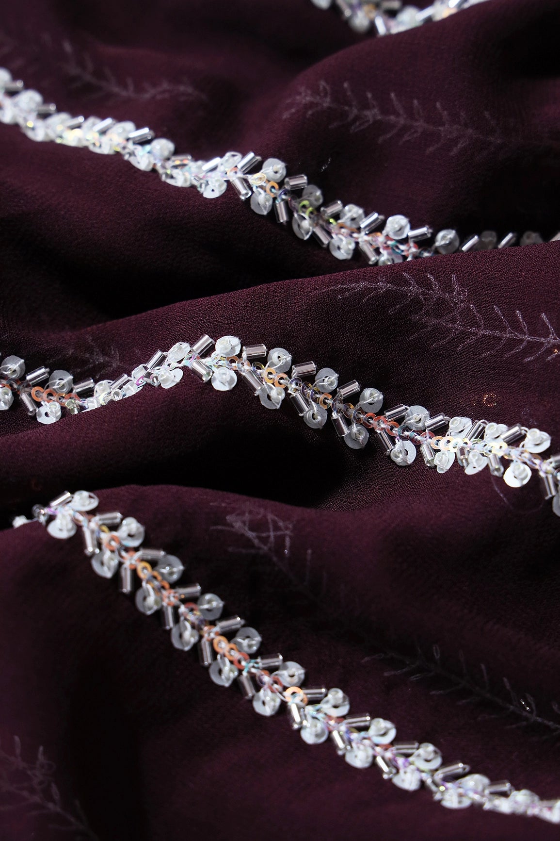 Silver Beads With Sequins Beautiful Stripes Handwork Embroidery On Wine Viscose Georgette Fabric