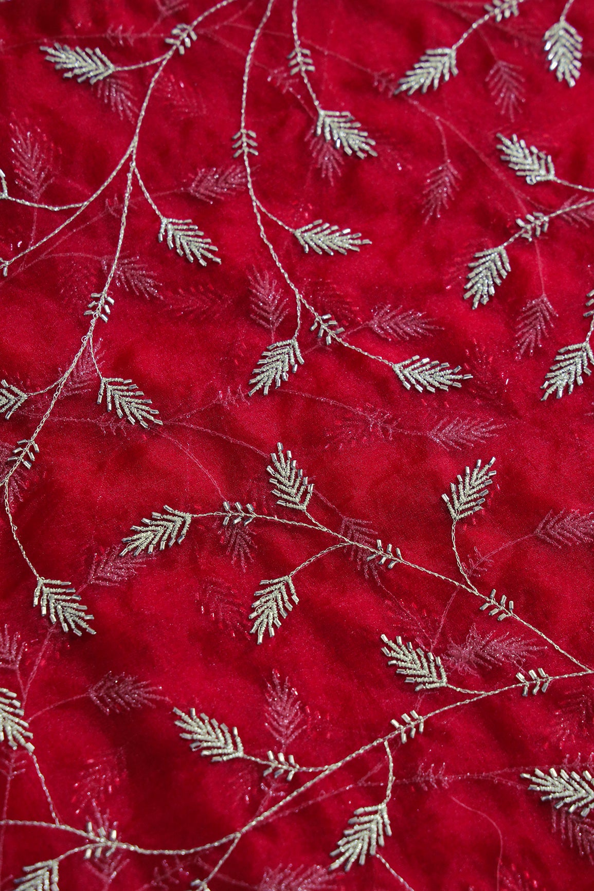 Gold Zari With Beads Leafy Embroidery Work On Red Organza Fabric