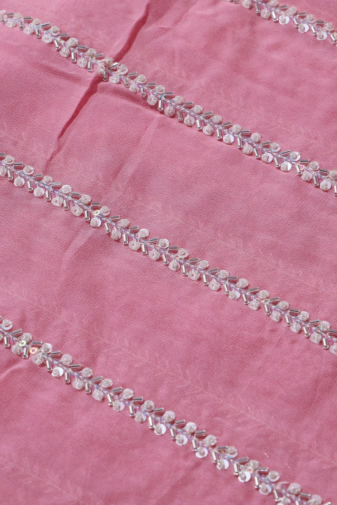 Silver Beads With Sequins Beautiful Stripes Handwork Embroidery On Thulian Pink Viscose Georgette Fabric