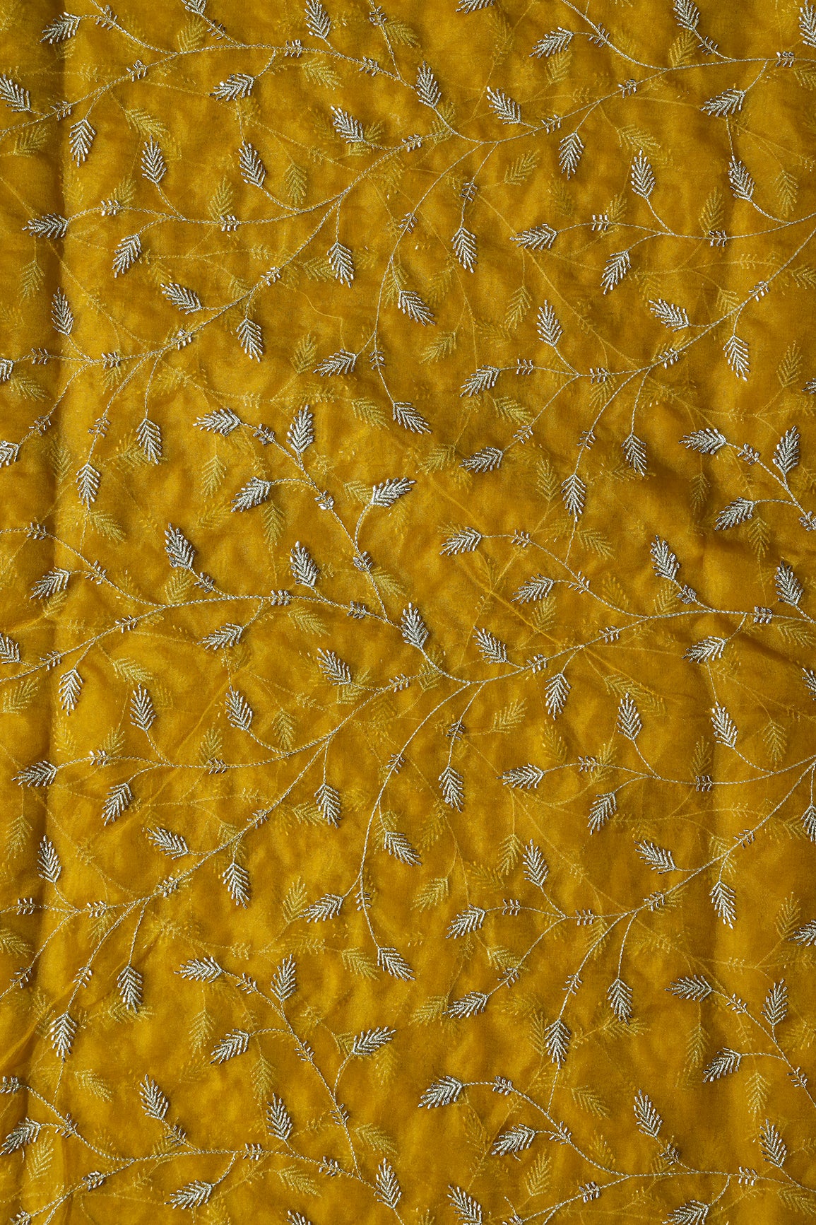Gold Zari With Beads Leafy Embroidery Work On Yellow Organza Fabric