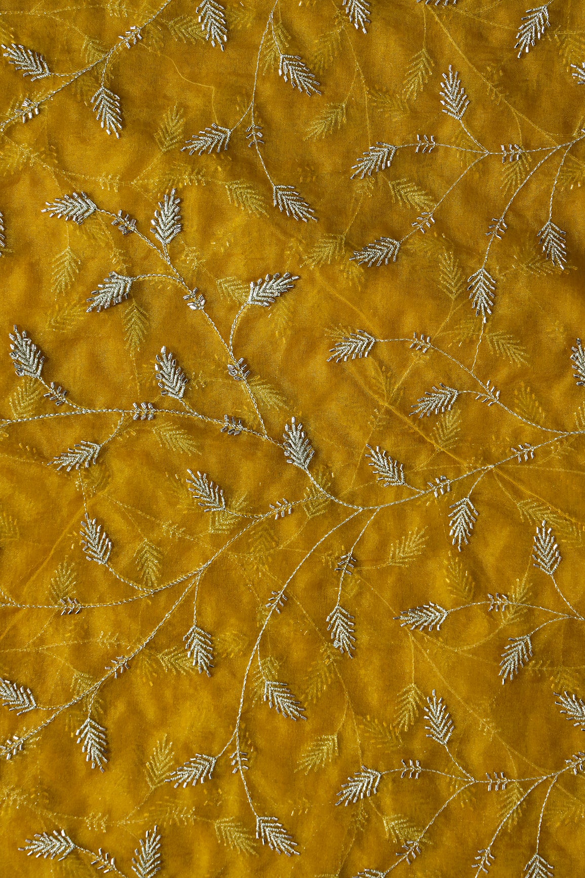 Gold Zari With Beads Leafy Embroidery Work On Yellow Organza Fabric