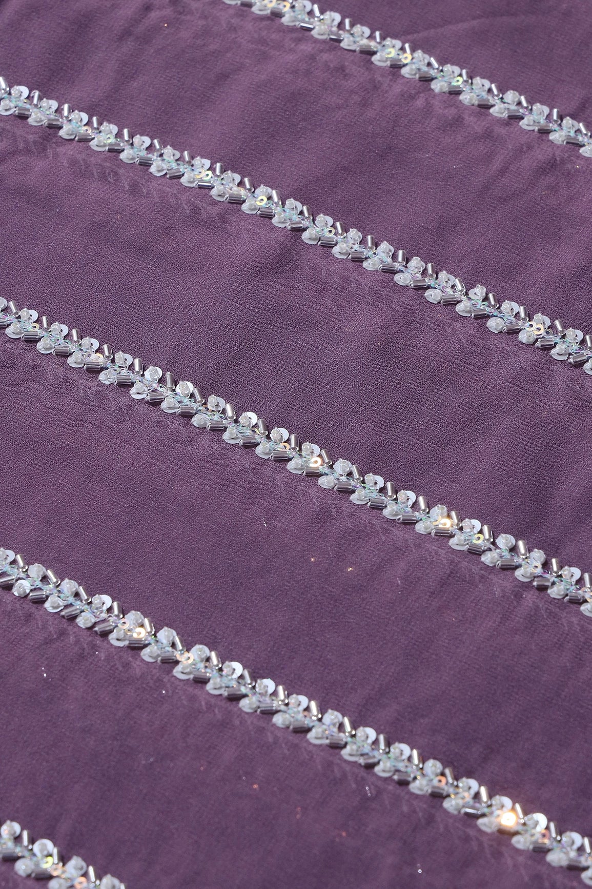 Silver Beads With Sequins Beautiful Stripes Handwork Embroidery On Viola Purple Viscose Georgette Fabric