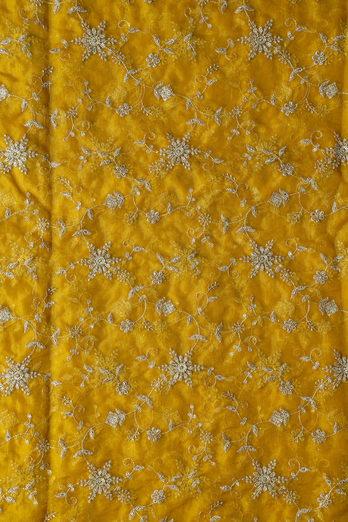 Zari Thread With Beads Floral Embroidery On Yellow Organza Fabric