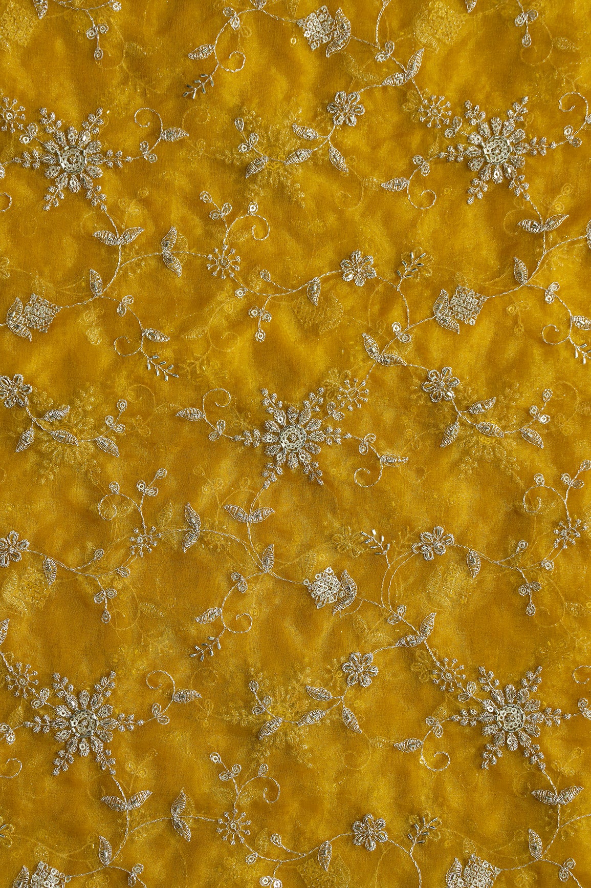 Zari Thread With Beads Floral Embroidery On Yellow Organza Fabric