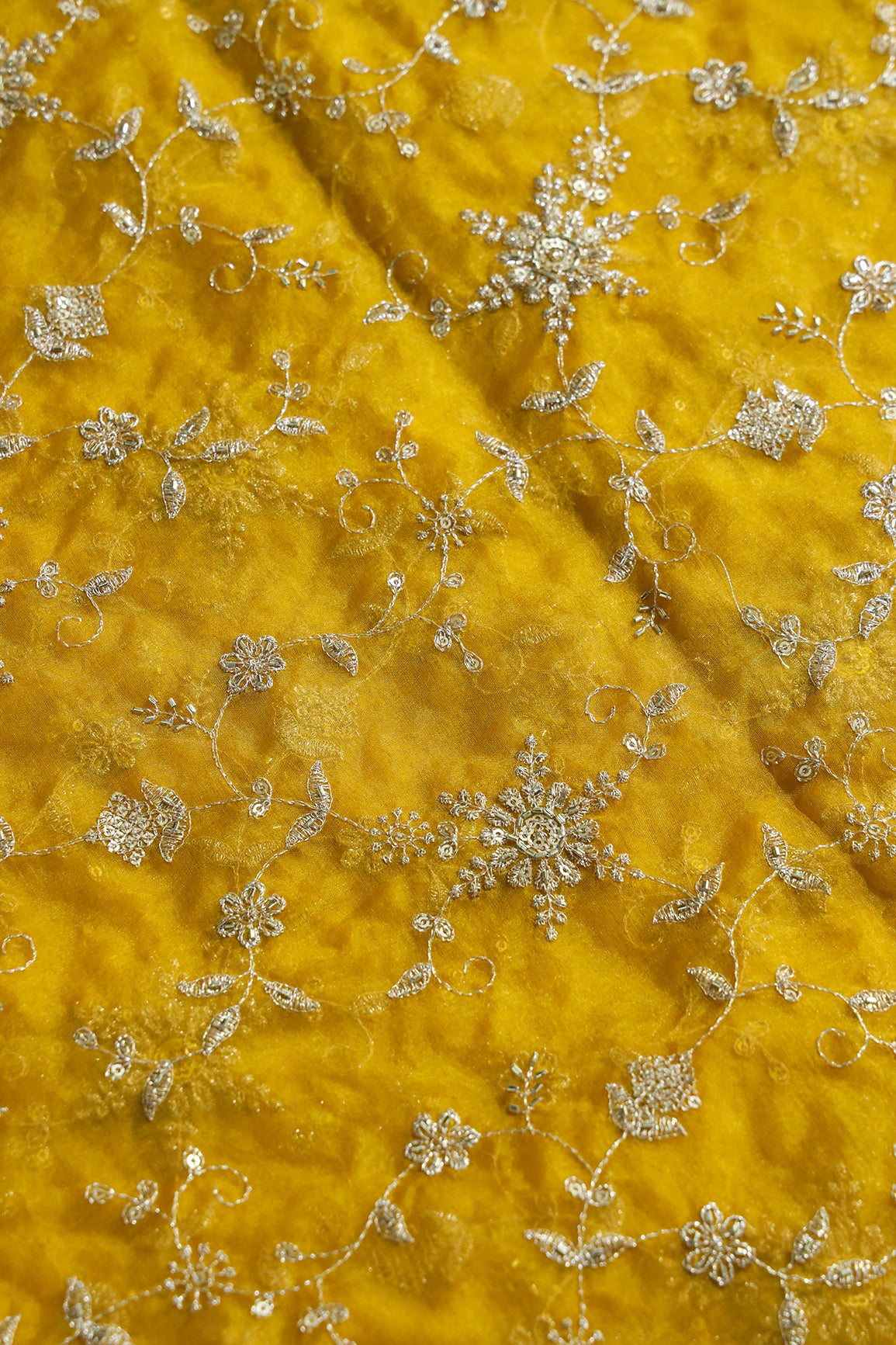 Zari Thread With Beads Floral Embroidery On Yellow Organza Fabric