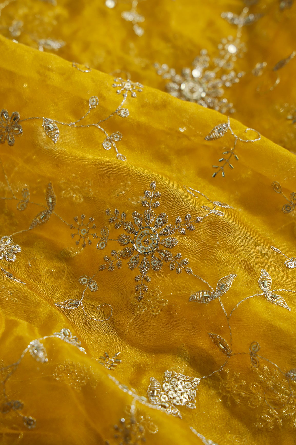 Zari Thread With Beads Floral Embroidery On Yellow Organza Fabric